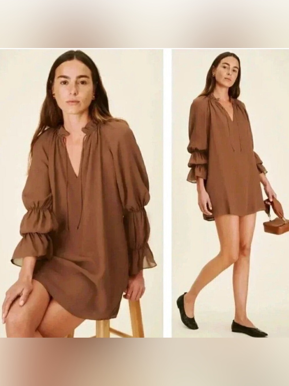 Reformation Adrienne Cinnamon Brown Ruffle-Sleeve Tunic Dress